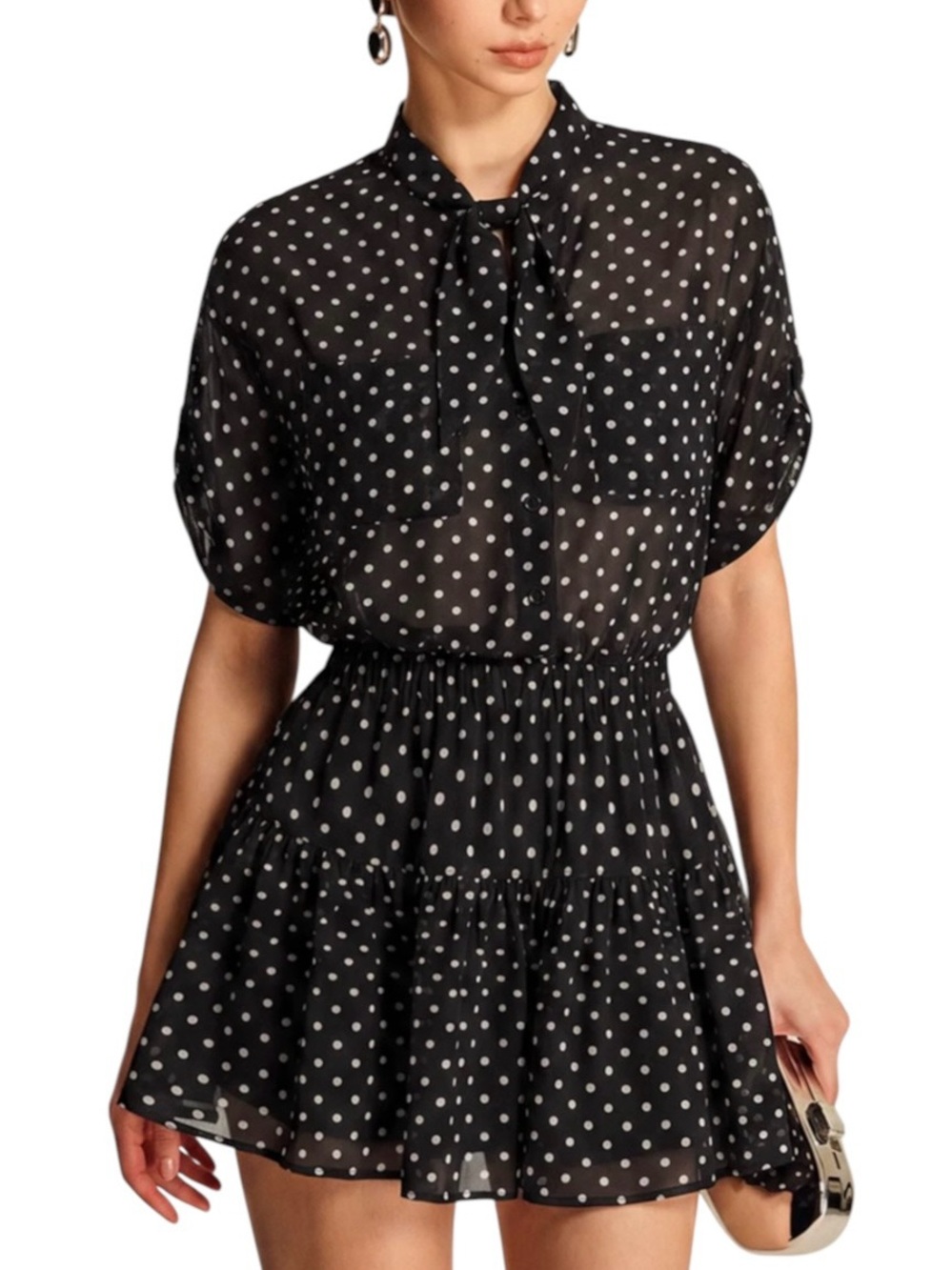Commense Set Black White Polka Dot Sheer Blouse Mini Skirt XS NWT